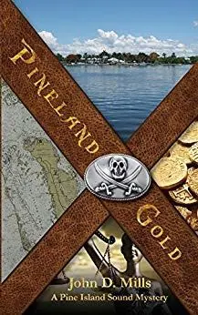A book cover with a pirate 's cross and gold coins.