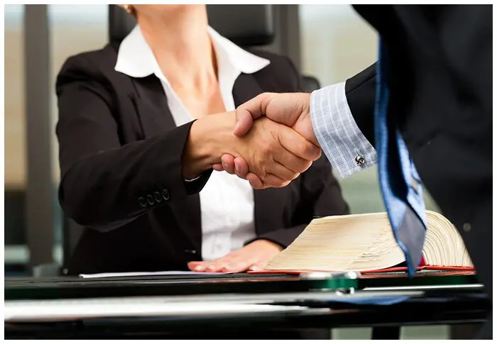 Two people shaking hands over a table.